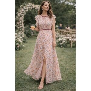 Massimo Dutti Women Floral Print Ruffle Flowy Maxi Dress XS Romantic Cottagecore